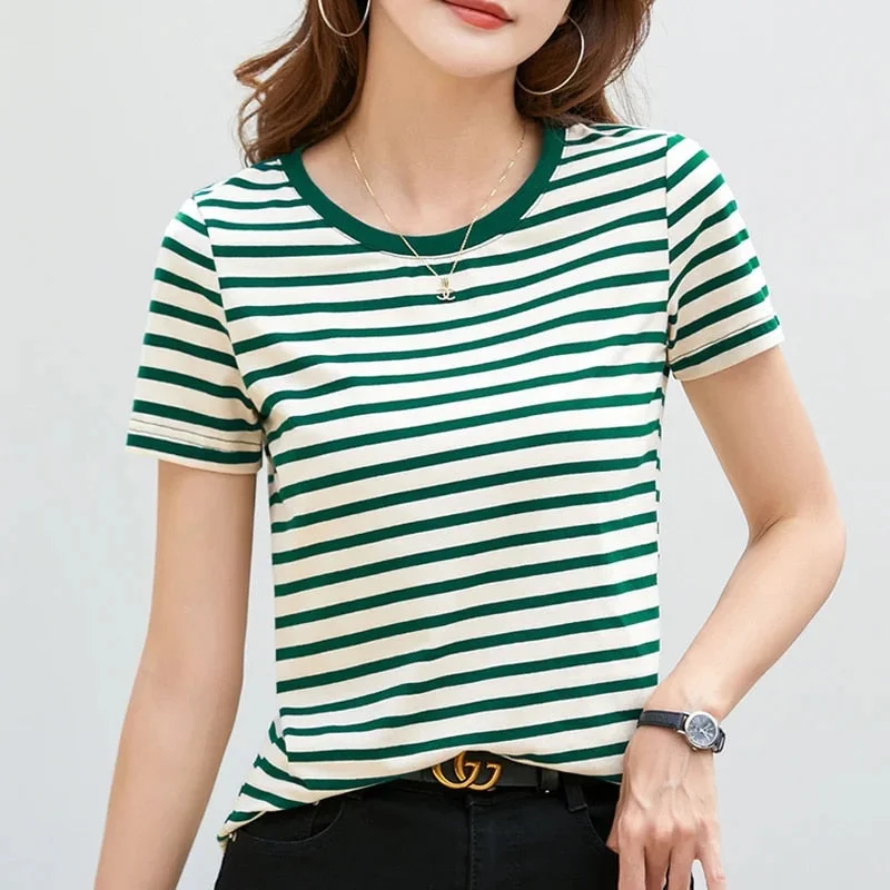 Women's Cotton Summer Stripped Shirts Classic Cropped Short Sleeve