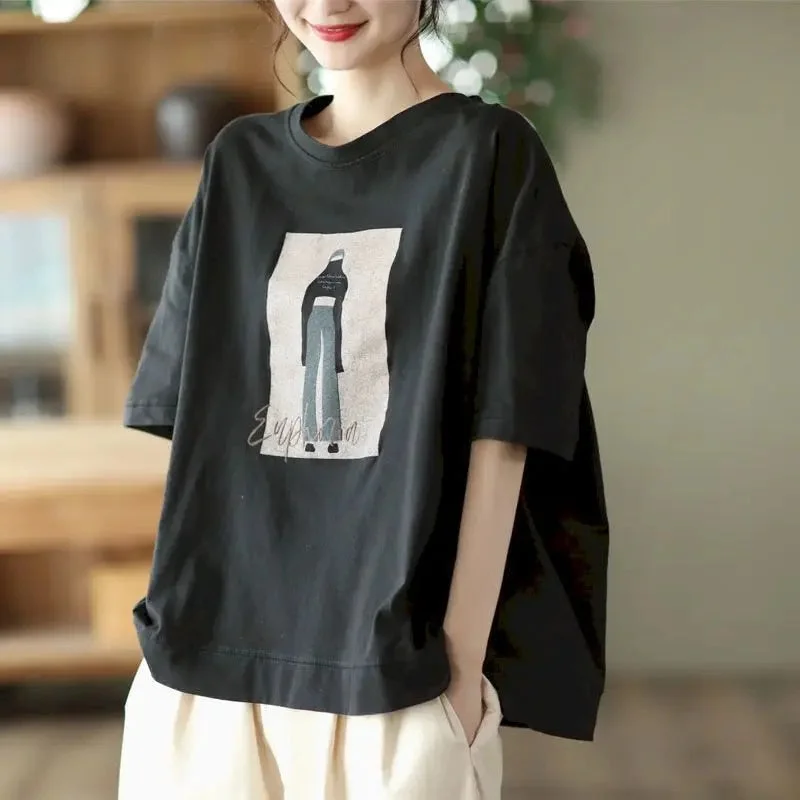 Women Cartoon Print 100% Cotton Loose T Shirt Stylish Round Neck Shirt