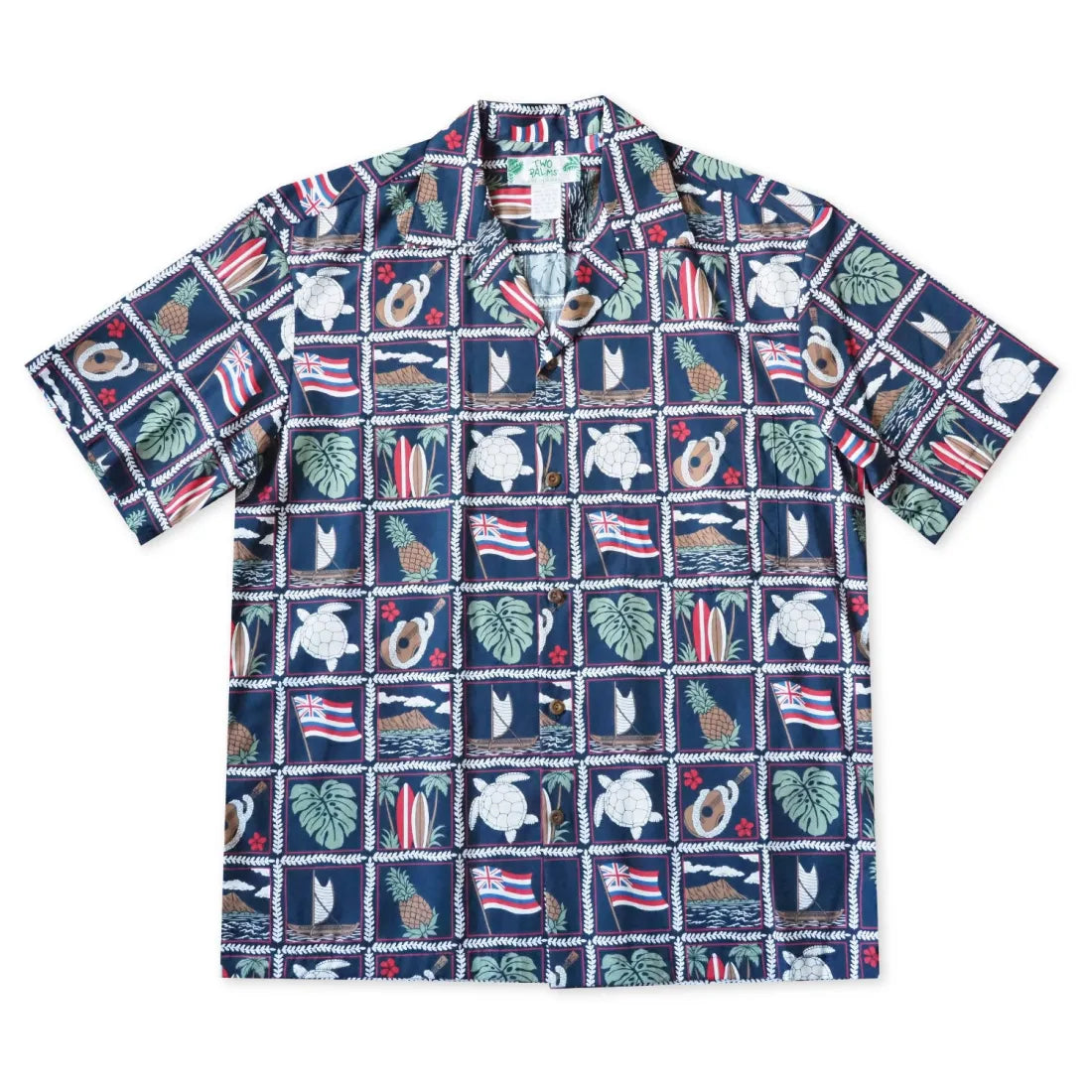 50th State Navy Blue Hawaiian Cotton Shirt Cozy Striped Short Sleeve