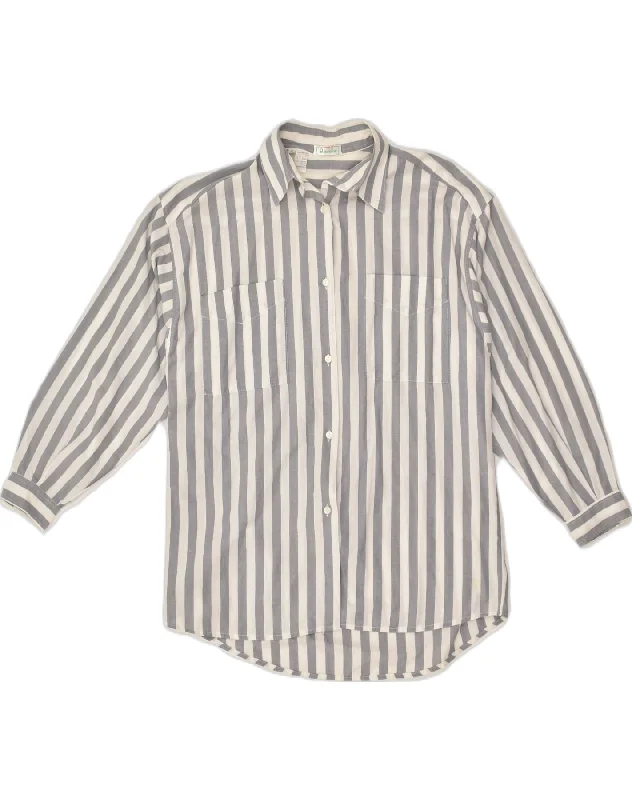 BENETTON Womens Shirt UK 10 Small Grey Striped Cotton Comfortable Knit Short Shirt