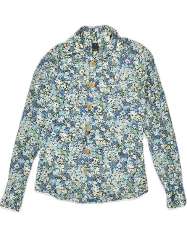 COAST Womens Shirt IT 42 Medium Blue Floral Cotton Classic Basic Short Shirt