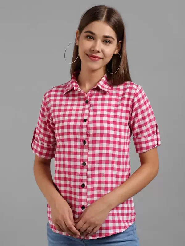 TANDUL  Women Regular Fit Self Design, Checkered Casual Shirt Elegant Draped Short Shirt