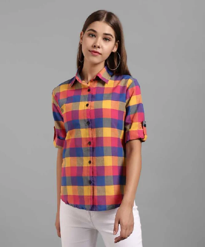 TANDUL  Women Regular Fit Self Design, Checkered Casual Shirt Soft Cotton Short Shirt