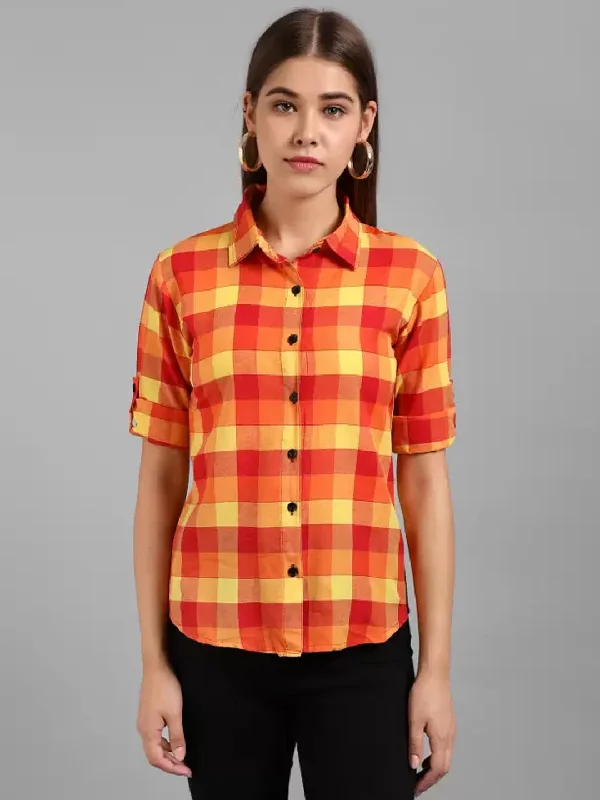 TANDUL  Women Regular Fit Self Design, Checkered Spread Collar Casual Shirt Chic Silk Short Sleeve Shirt