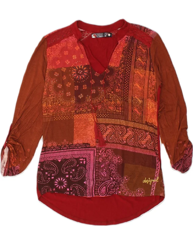 DESIGUAL Womens Shirt Blouse UK 14 Large Red Patchwork Viscose Elegant High-Low Short Shirt