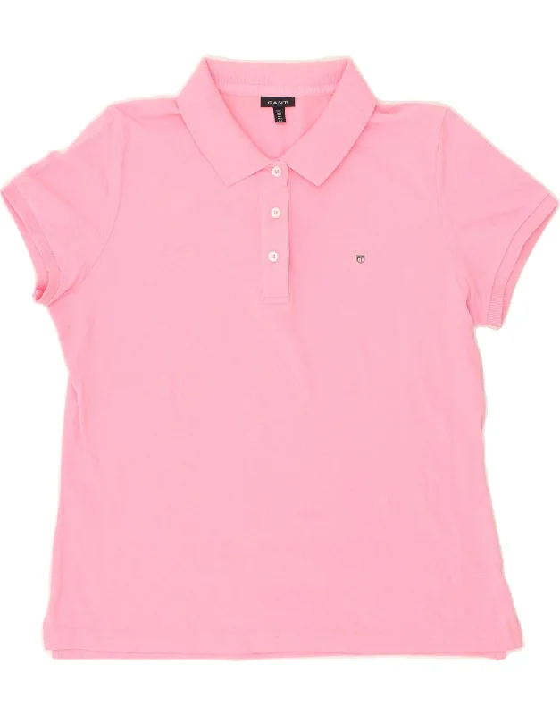 GANT Womens Polo Shirt UK 14 Large Pink Cotton Chic Embellished Short Sleeve