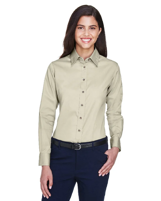 Harriton Ladies' Easy Blend Long-Sleeve Twill Shirt with Stain-Release Classic Denim Short Sleeve