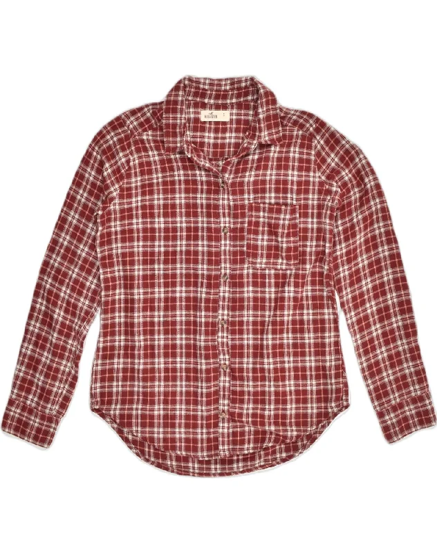 HOLLISTER Womens Shirt UK 10 Small Maroon Check Cotton Trendy Turtleneck Short Shirt