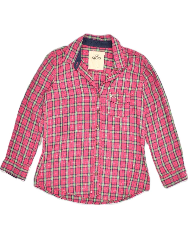 HOLLISTER Womens Shirt UK 10 Small Pink Check Cotton Relaxed Cotton Short Blouse