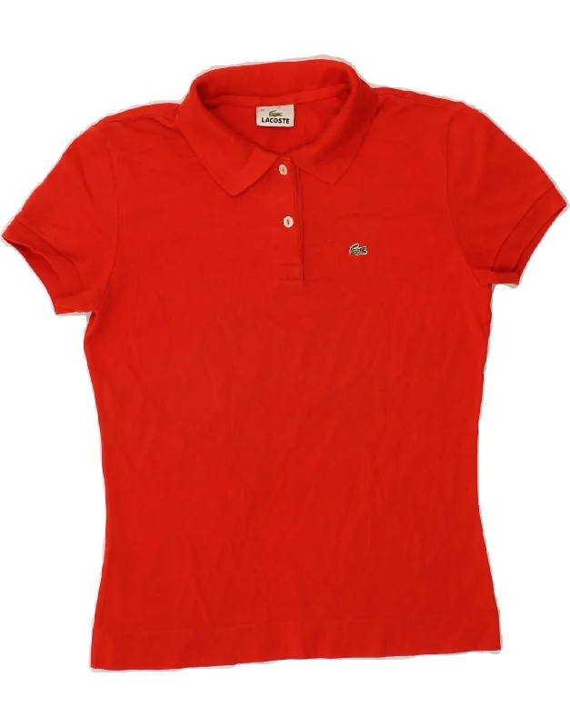 LACOSTE Womens Polo Shirt Size 42 Large Red Cotton Chic V-Neck Short Blouse