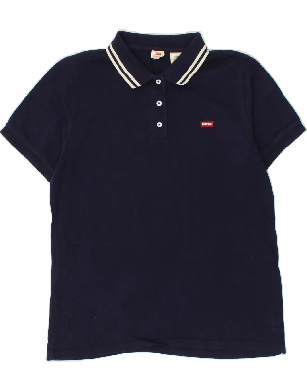 LEVI'S Womens Polo Shirt UK 10 Small Navy Blue Cotton Cozy Printed Short Shirt