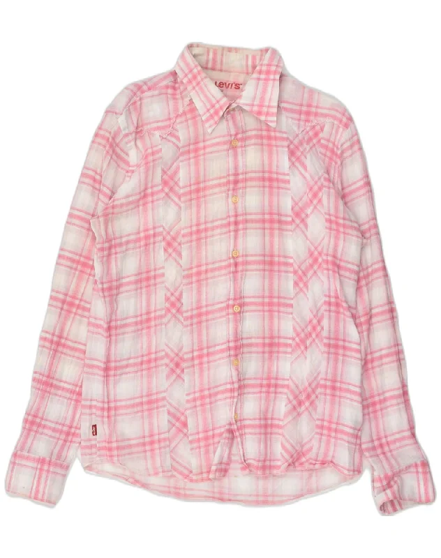 LEVI'S Womens Shirt UK 14 Large Pink Check Cotton Stylish Round Neck Shirt