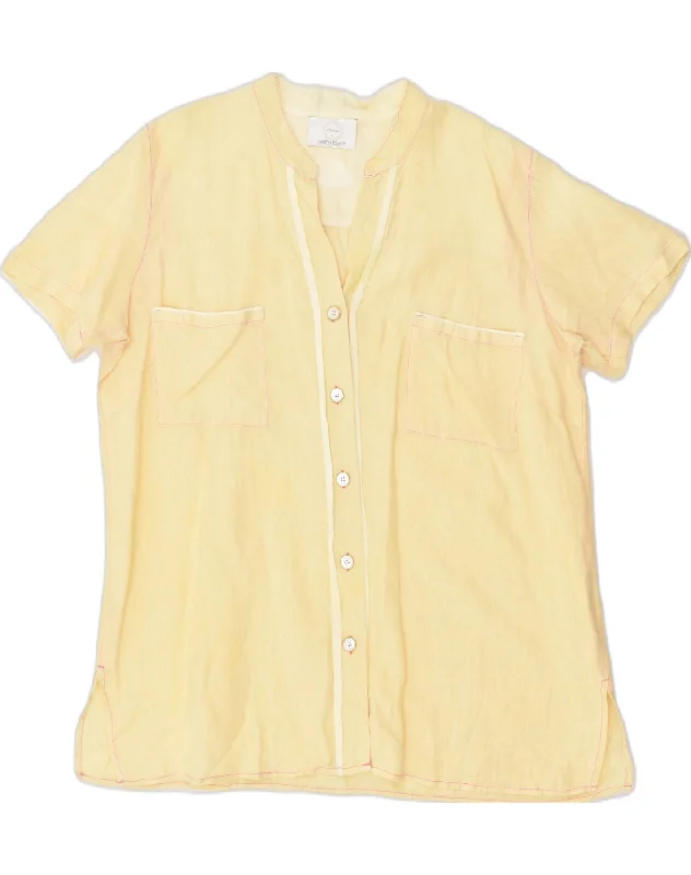 MARINA RINALDI Womens Shirt Blouse UK 18 XL Yellow Linen Elegant Draped Short Sleeve