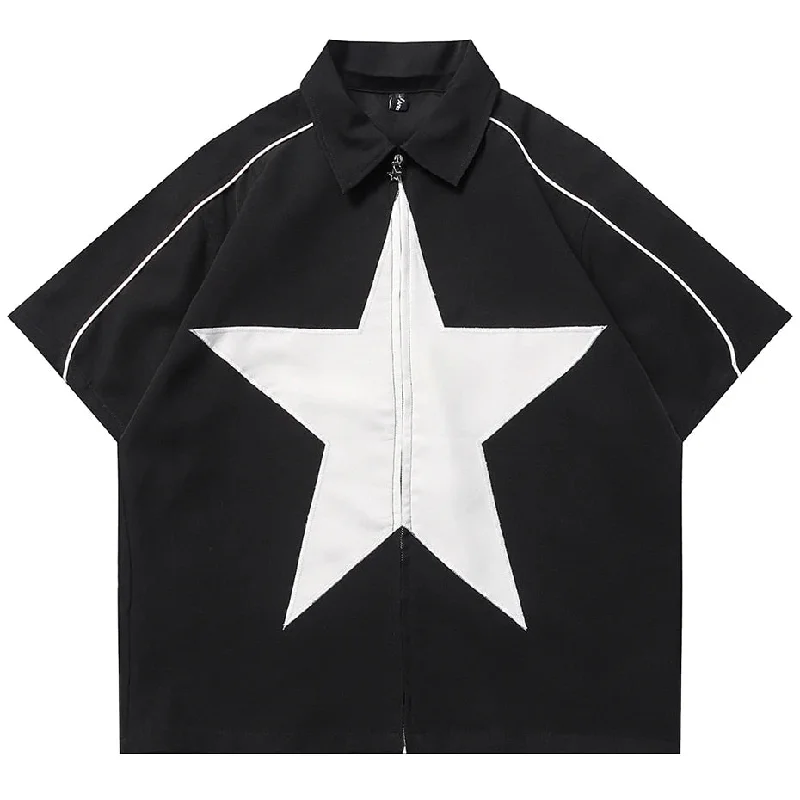 NB Star Splicing Shirt Stylish Split-Hem Short Shirt