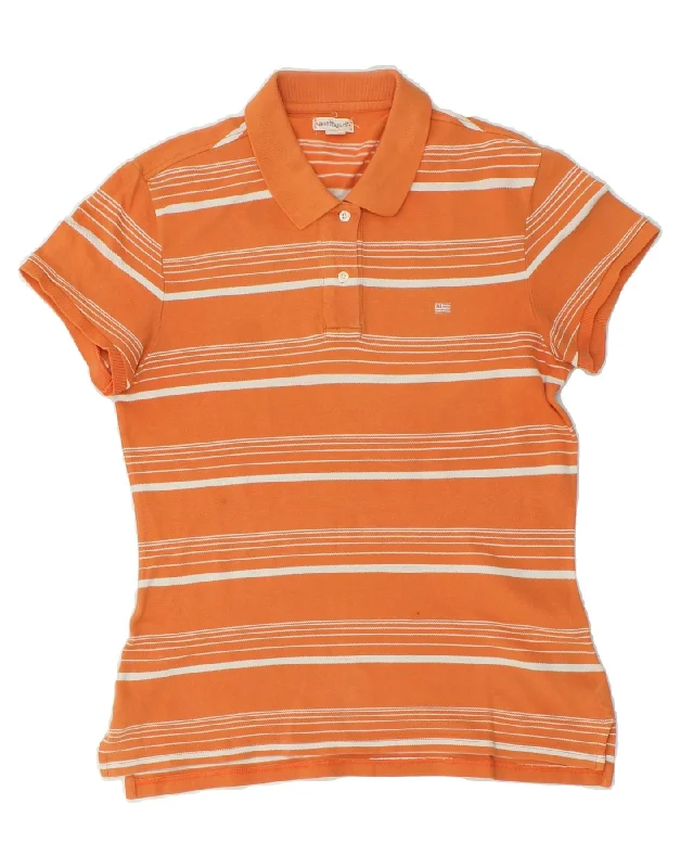 POLO RALPH LAUREN Womens Polo Shirt UK 14 Large Orange Striped Cotton Trendy Button-Front Short Sleeve