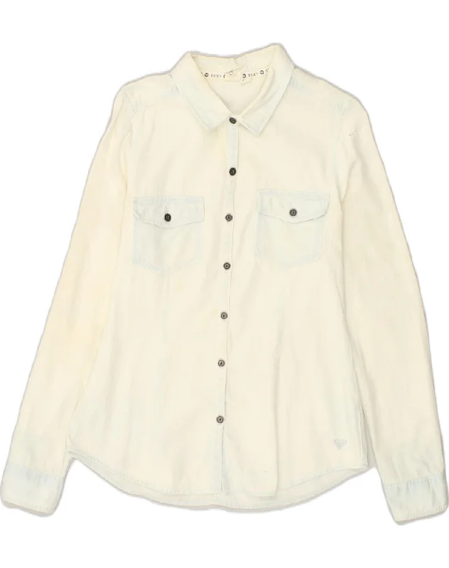 ROXY Womens Shirt UK 12 Medium Off White Cotton Elegant High-Low Short Shirt