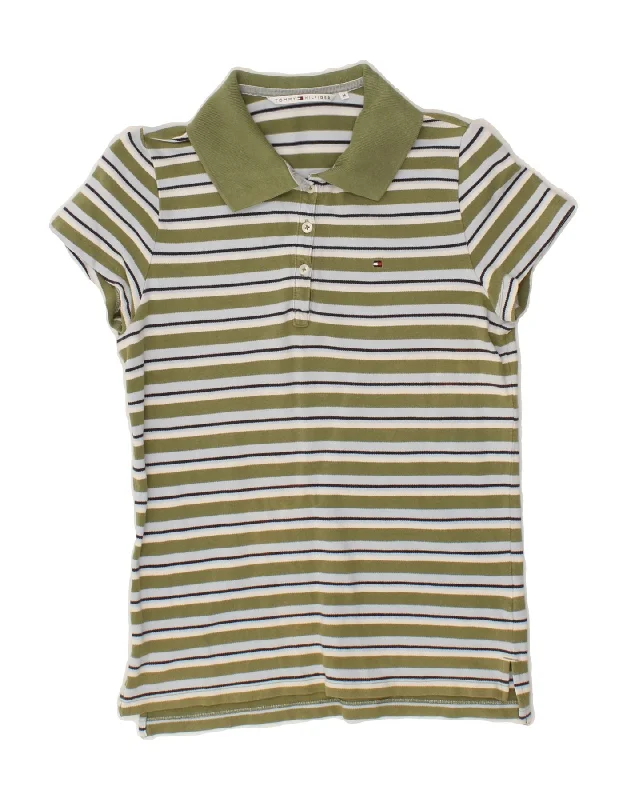 TOMMY HILFIGER Womens Polo Shirt UK 12 Medium Green Striped Cotton Fashionable Sheer Short Shirt