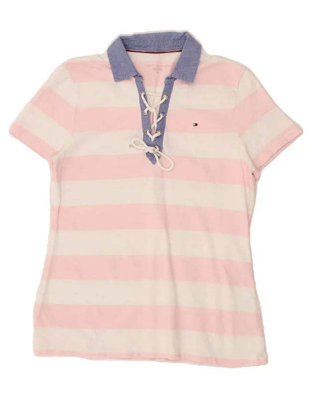 TOMMY HILFIGER Womens Polo Shirt UK 12 Medium Pink Striped Cotton Trendy Summer Short Sleeve