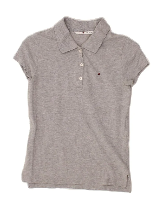 TOMMY HILFIGER Womens Polo Shirt UK 6 XS Grey Elegant Off-Shoulder Short Shirt