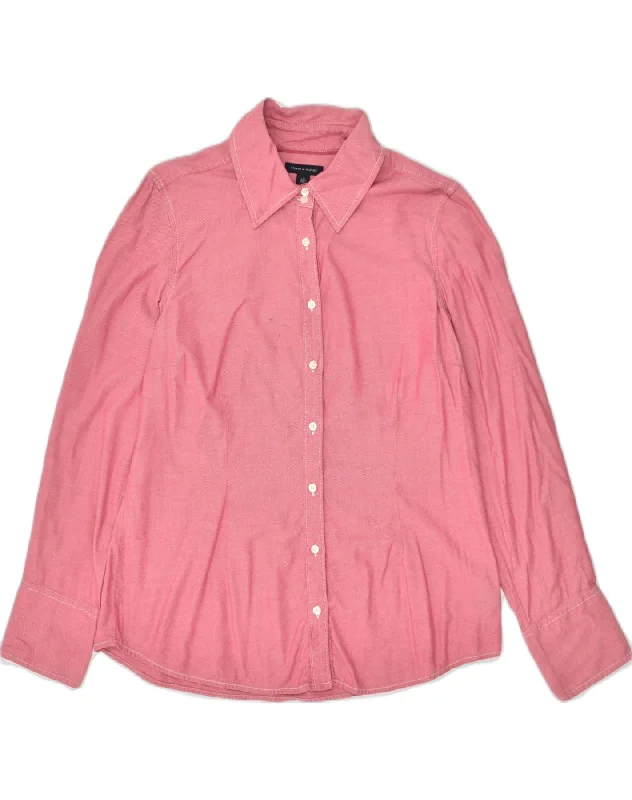 TOMMY HILFIGER Womens Shirt UK 16 Large Pink Cotton Stylish Split-Hem Short Shirt