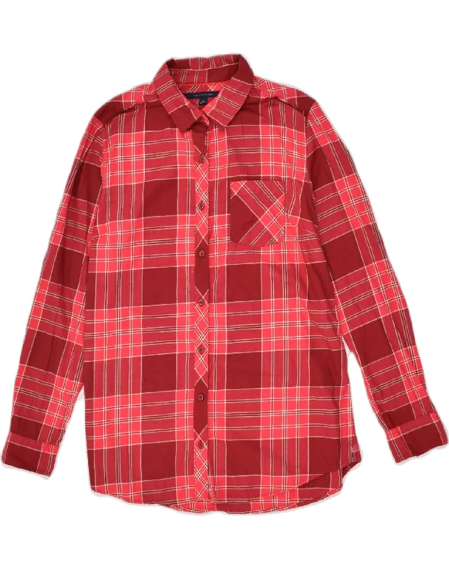 TOMMY HILFIGER Womens Shirt UK 16 Large Red Check Cotton Comfortable Ribbed Short Sleeve