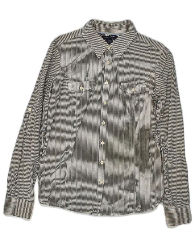 TOMMY HILFIGER Womens Shirt UK 8 Small Grey Pinstripe Cotton Modern Fit Short Sleeve