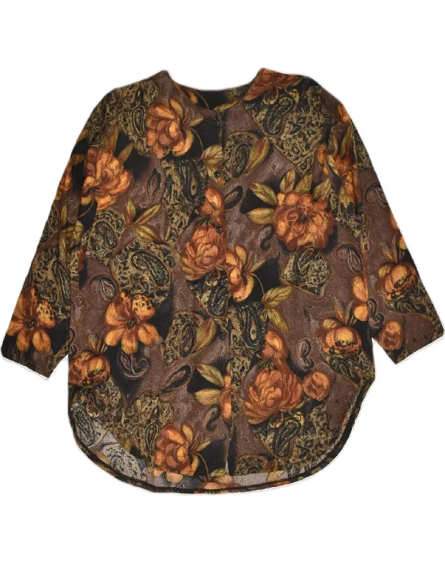 VINTAGE Womens Shirt Blouse UK 16 Large Brown Floral Trendy Tie-Front Short Shirt