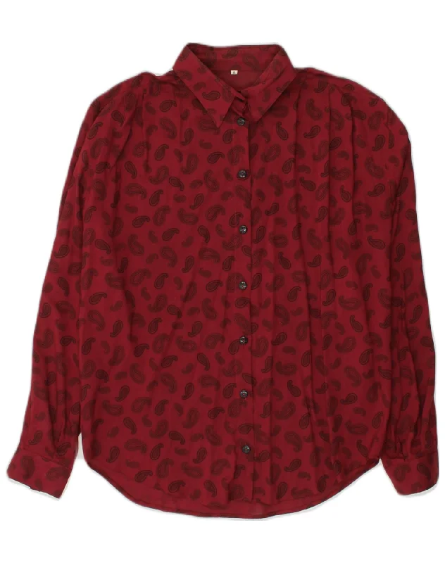 VINTAGE Womens Shirt UK 14 Medium Red Paisley Viscose Fashionable Button-Front Short Sleeve