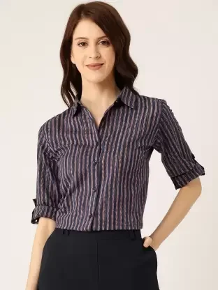 Women Striped Formal Multicolor Shirt Comfortable Stretch Short Shirt