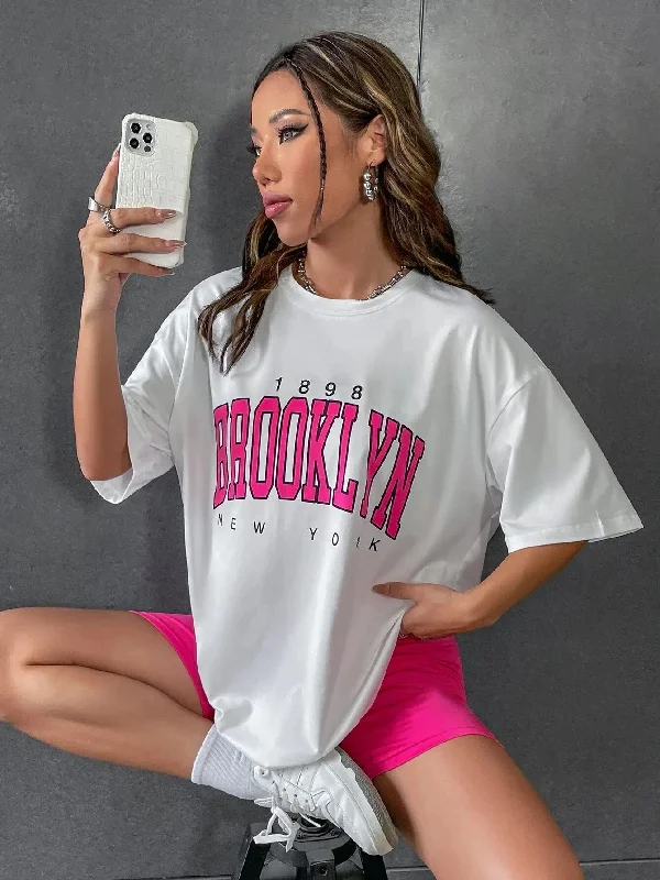 Women 1898 Brooklyn York Letter Print T Shirt Cozy Plain Short Sleeve