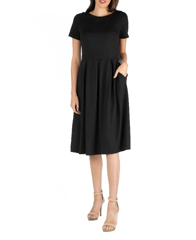 24seven Comfort Apparel Midi Dress With Short Sleeves Pocket Detail Classic Black Midi Dress