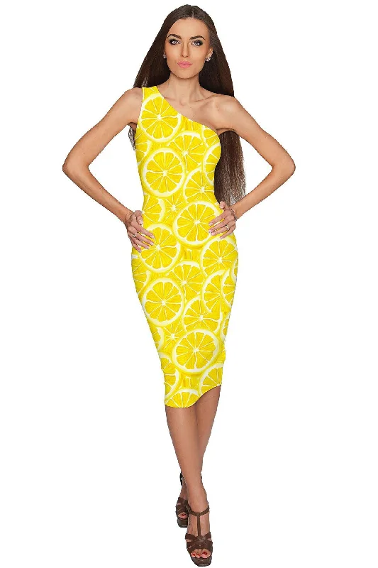 A Piece of Sun Layla Yellow One-Shoulder Bodycon Midi Dress - Women Trendy Long Sleeve Midi Dress