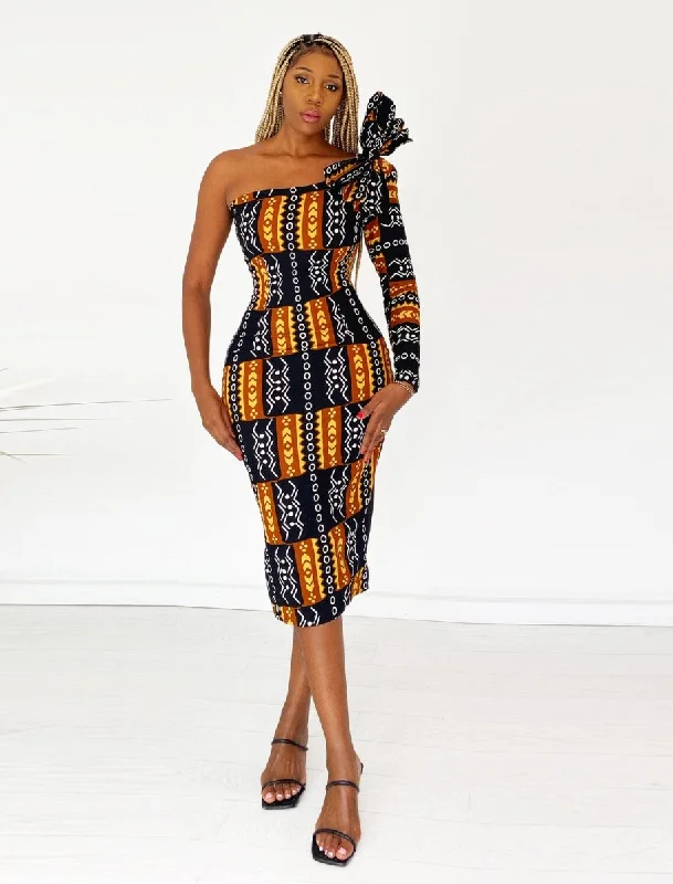 African Print Kimba Midi Dress Comfortable Fit-and-Flare Midi Dress