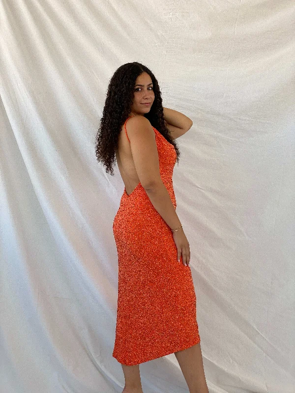 Stunning Alexia Admor Beaded Hot Orange Backless Midi Dress - L Comfortable Wrap Midi Dress