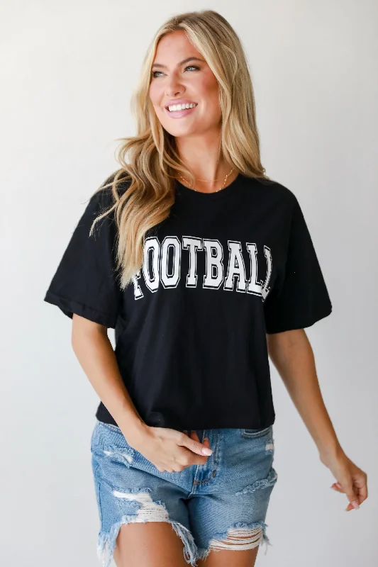 FINAL SALE - Black Football Cropped Tee Graphic T-Shirt Round Neck Polyester