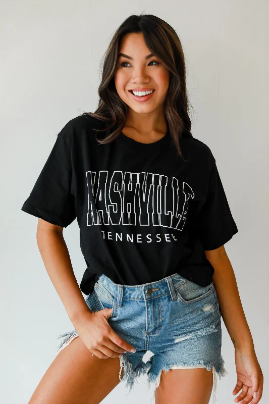 Black Nashville Tennessee Cropped Block Letter Tee Striped Floral Plaid