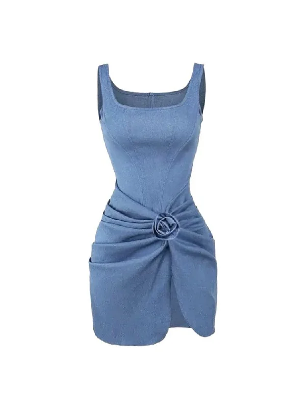 Blue Denim Mini Dress with Ruched and 3D Flower Comfortable Fit-and-Flare Mini Dress