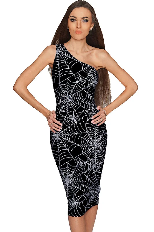 Bugs & Kisses Layla Black Spider Web Print Bodycon Midi Dress - Women Cozy Wide Strap Midi Dress