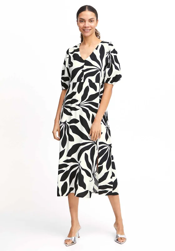 B.Young Janina Satin Palm Print Midi Dress, Black & White Stylish Midi Dress with Cuffs