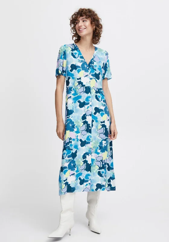 B.Young Joella Watercolour Inspired Buttoned Midi Dress, Angel Blue Fashionable High-Low Midi Dress