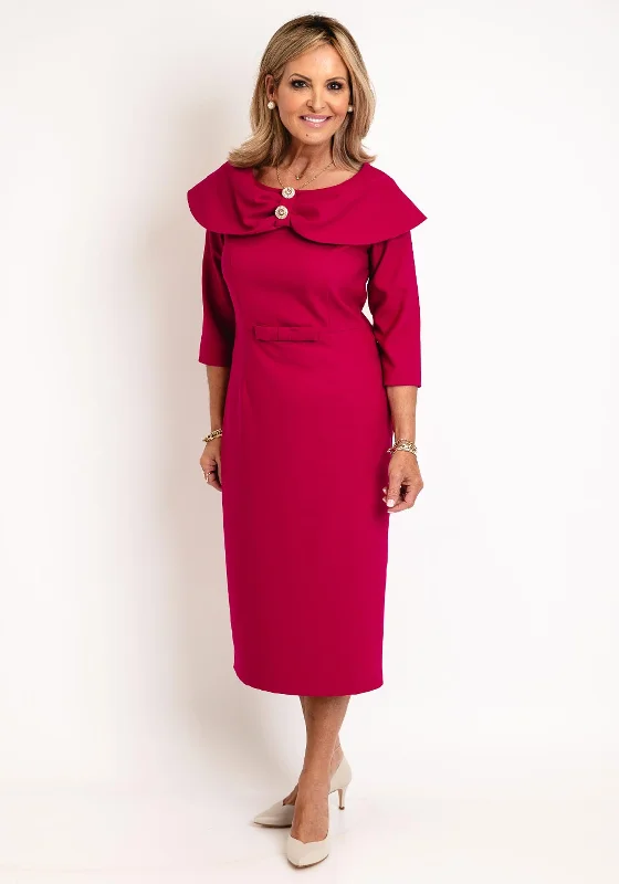 Cassandra Amara Embellished Collar Midi Dress, Magenta Trendy Mock Neck Midi Dress