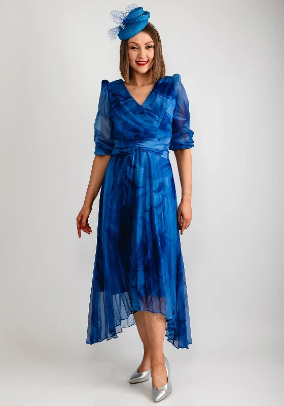 Cassandra Chiffon Pleated Midi Dress, Blue Elegant Satin Slip Midi Dress