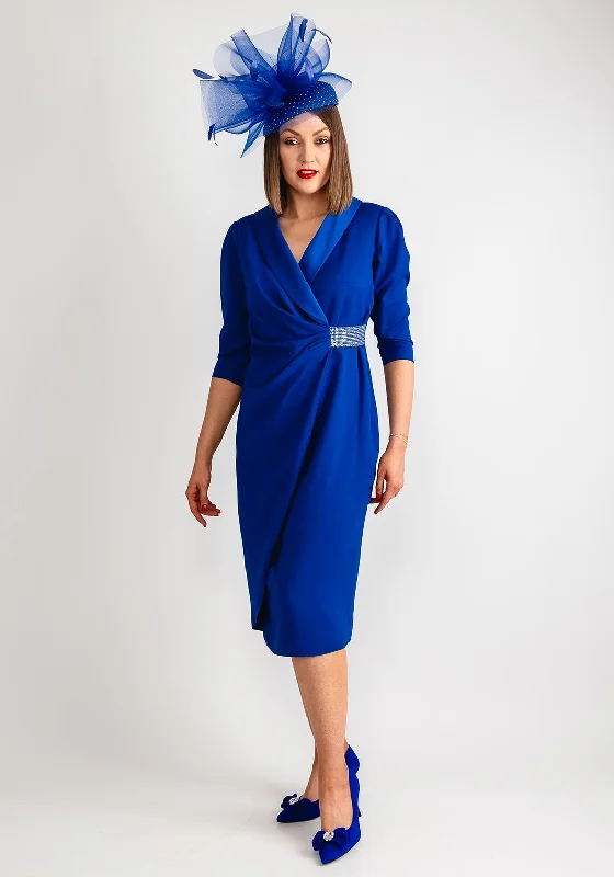 Cassandra Embellished Wrap Midi Dress, Blue Fashionable High-Neck Midi Dress