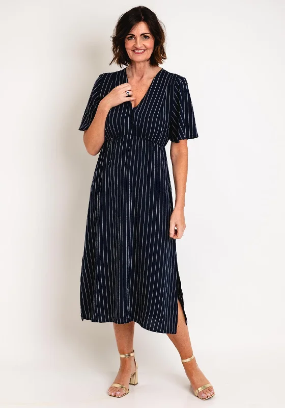 Serafina Collection V-Neckline Striped A-Line Midi Dress, Navy Chic Lace Detail Midi Dress