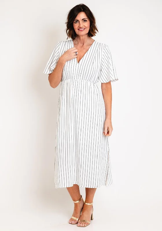 Serafina Collection V-Neckline Striped A-Line Midi Dress, White Comfortable Denim Midi Dress