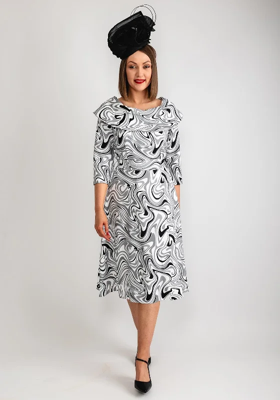 Coco Doll Dolly Swirl Print Midi Dress, Black & White Fashionable Skater Midi Dress