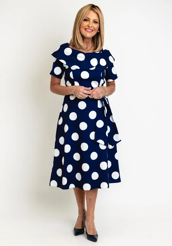 Coco Doll Hasta Polka Dot Midi Dress, Navy Trendy Off-Shoulder Button Midi Dress