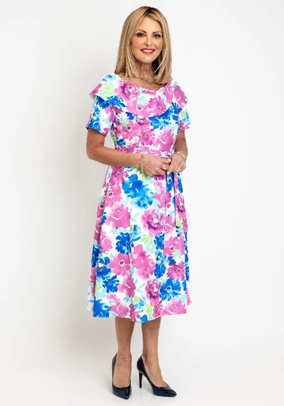 Coco Doll Hasta Floral Print Midi Dress, Pink Comfortable Draped Midi Dress