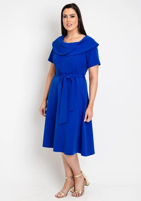 Coco Dolls Hasta Collar Midi Dress, Royal Blue Trendy Off-Shoulder Ruffle Midi Dress