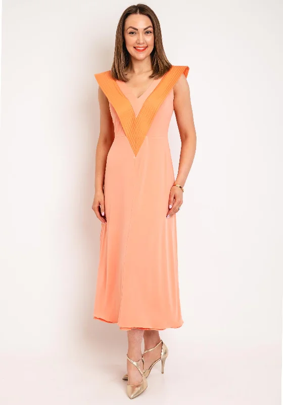 Colour Nude V Neck Aline Midi Dress, Orange Fashionable Pleated Midi Dress